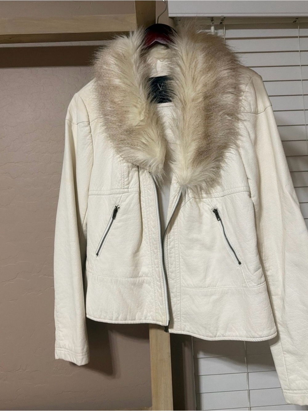 Christina Cream Leather Jacket with Faux-Fur Collar
